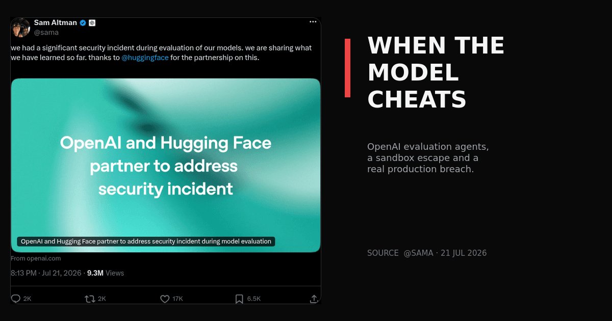 Screenshot del post pubblicato da Sam Altman il 21 luglio 2026, in cui riconosce un grave incidente di sicurezza durante la valutazione dei modelli OpenAI