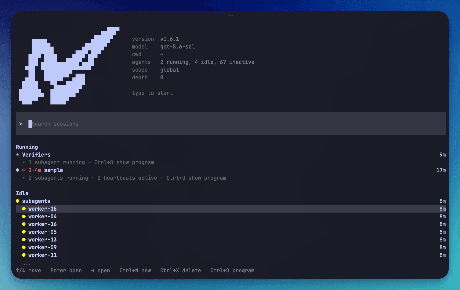 Agents View di Prime Agent con sessioni root e sub-agent running e idle