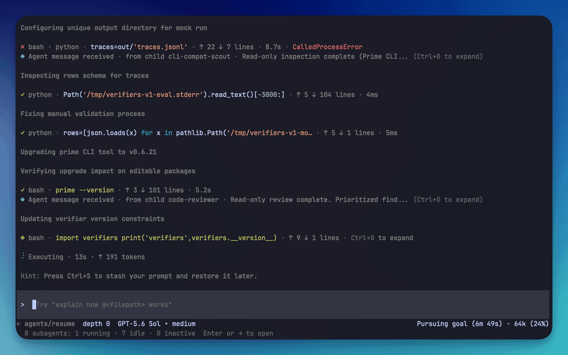 TUI di Prime Agent mentre esegue Python e riceve report dagli sub-agent